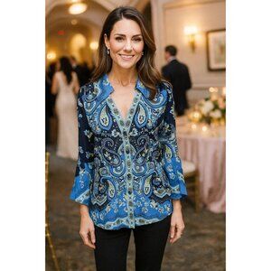 Boston Proper Colorful Paisley Print Bell Sleeve Top Blouse Sz Medium